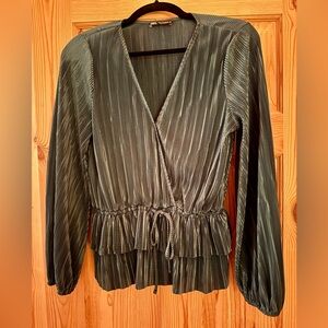 Zara Elegant Pleated V-Neck Blouse - green